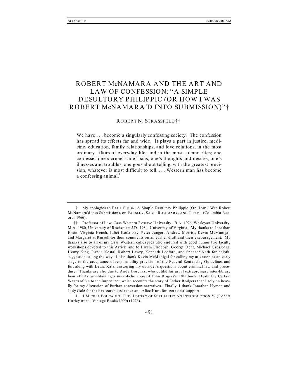 ROBERT Mcnamara and the ART and LAW of CONFESSION: “A SIMPLE DESULTORY PHILIPPIC (OR HOW I WAS ROBERT Mcnamara’D INTO SUBMISSION)”†