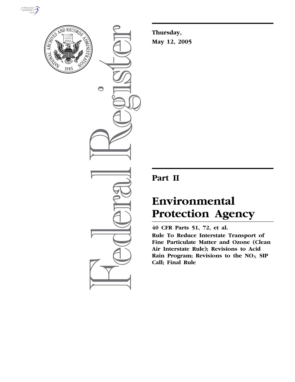 Environmental Protection Agency 40 CFR Parts 51, 72, Et Al