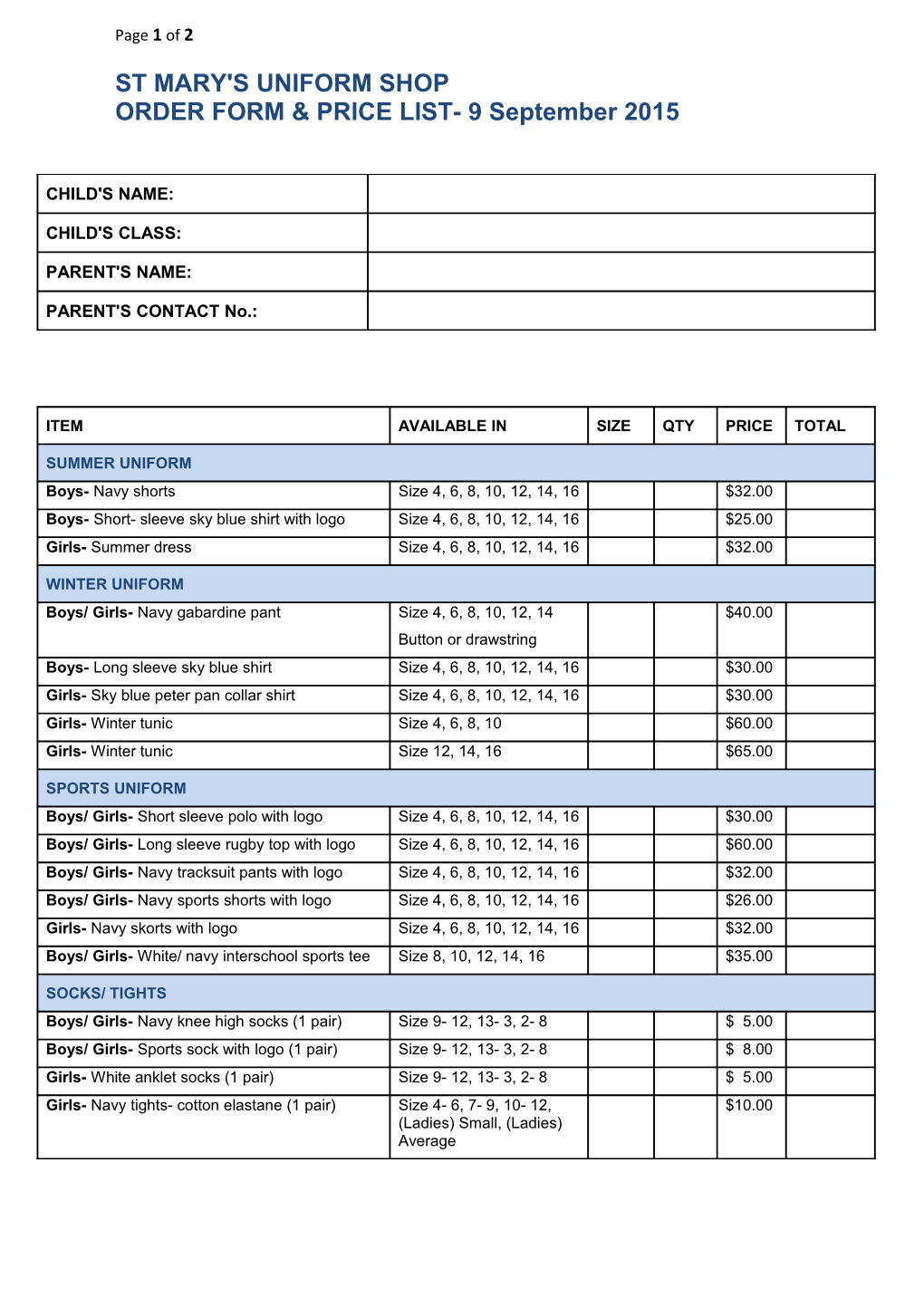 ORDER FORM & PRICE LIST- 9 September 2015