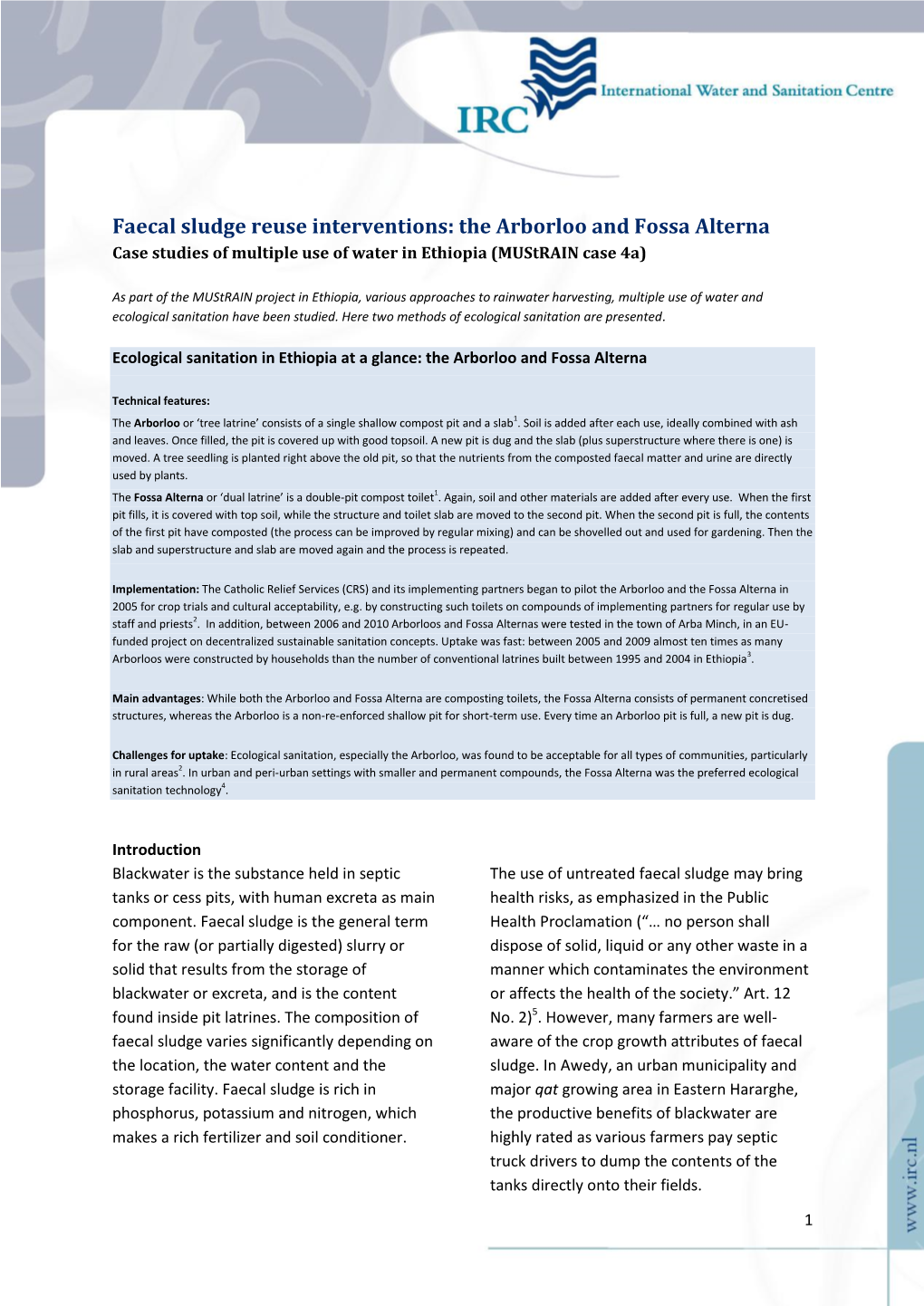 Faecal Sludge Reuse Interventions: the Arborloo and Fossa Alterna Case Studies of Multiple Use of Water in Ethiopia (Mustrain Case 4A)