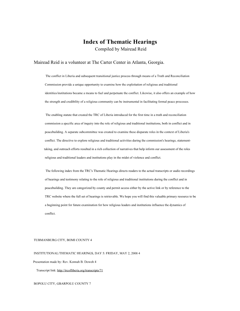 Index of Thematic Hearings Compiled by Mairead Reid