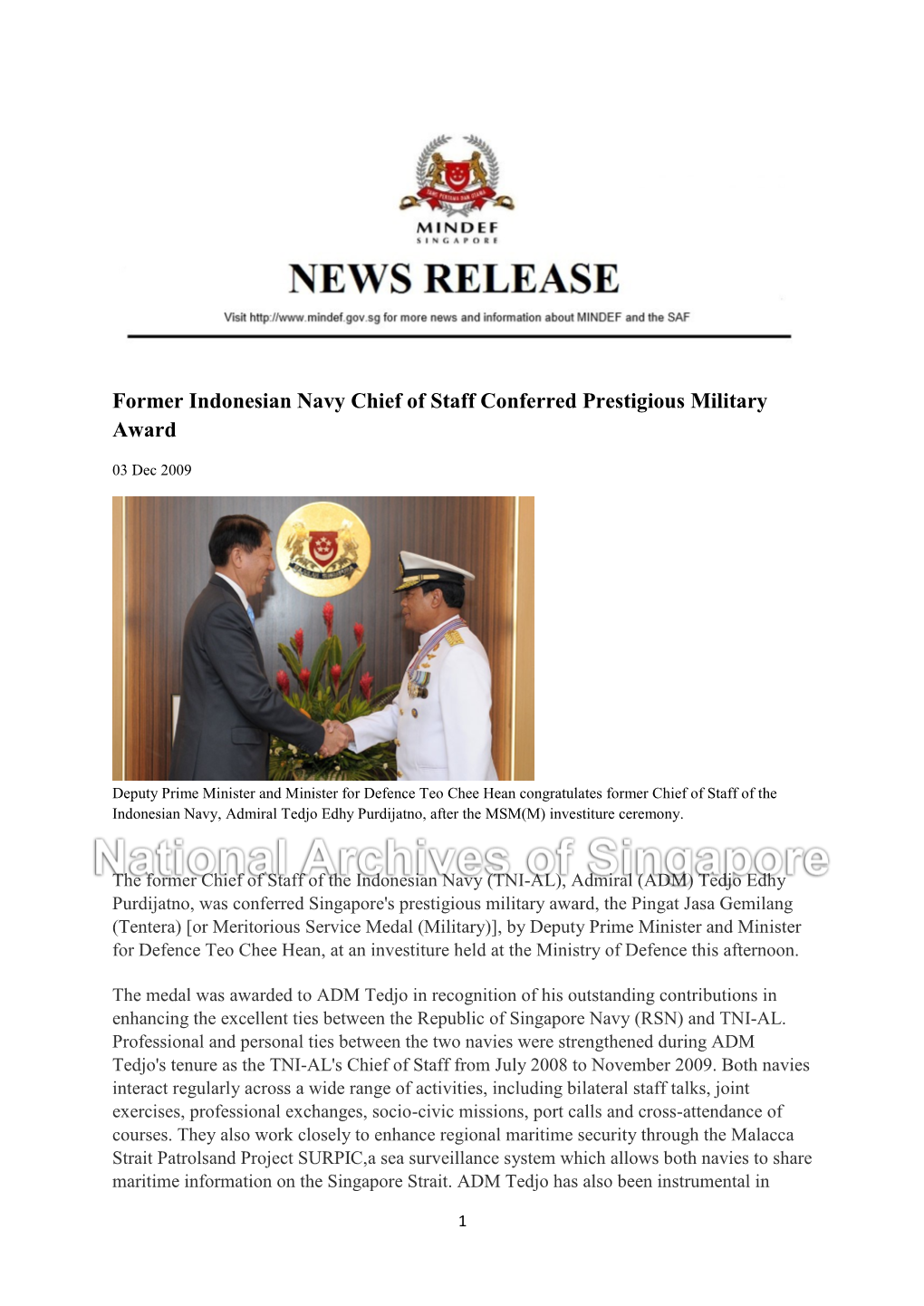 Former Indonesian Navy Chief of Staff Conferred Prestigious Military Award