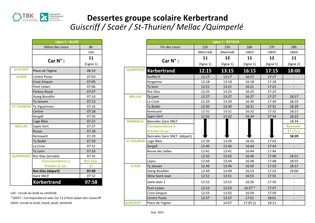 Dessertes Groupe Scolaire Kerbertrand Guiscriff / Scaër / St-Thurien/ Mellac /Quimperlé