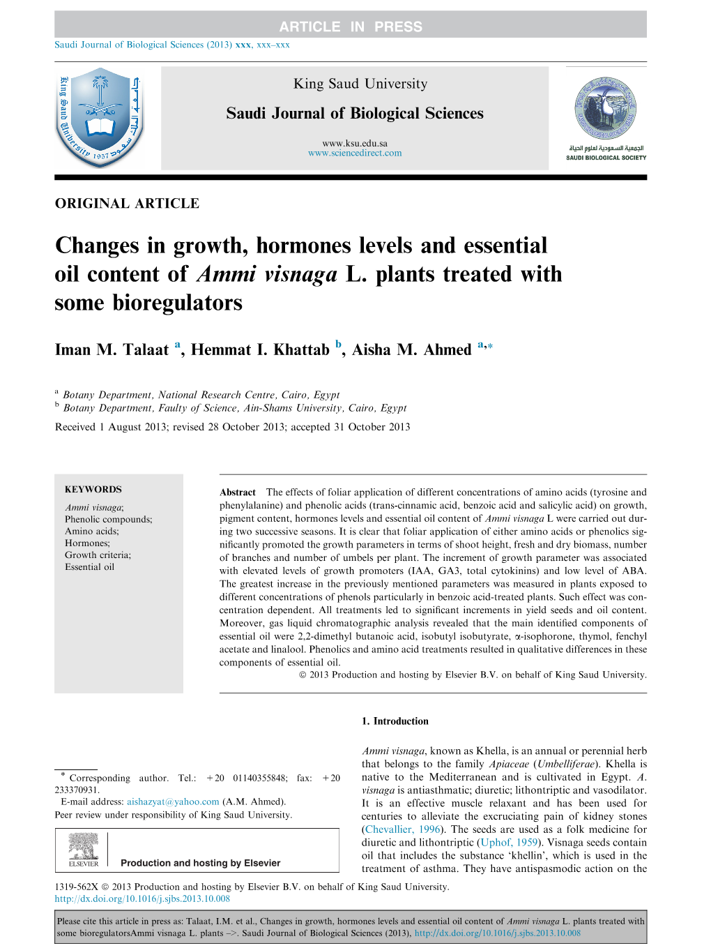 Changes in Growth, Hormones Levels and Essential Oil Content of Ammi Visnaga L. Plants Treated with Some Bioregulators