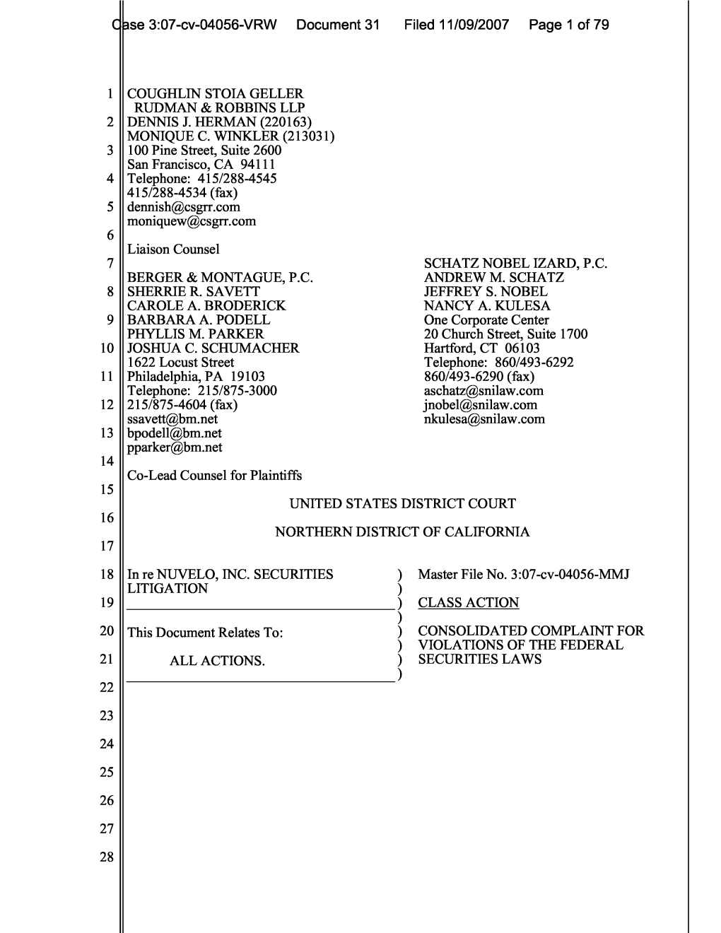In Re Nuvelo, Inc. Securities Litigation 07-CV-04056-Consolidated