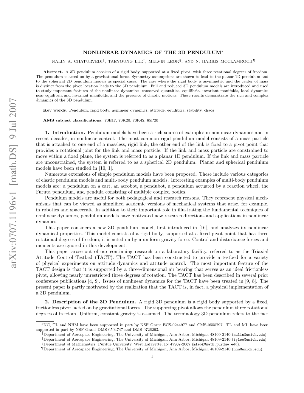 Arxiv:0707.1196V1 [Math.DS] 9 Jul 2007 Yaiso H Dpendulum