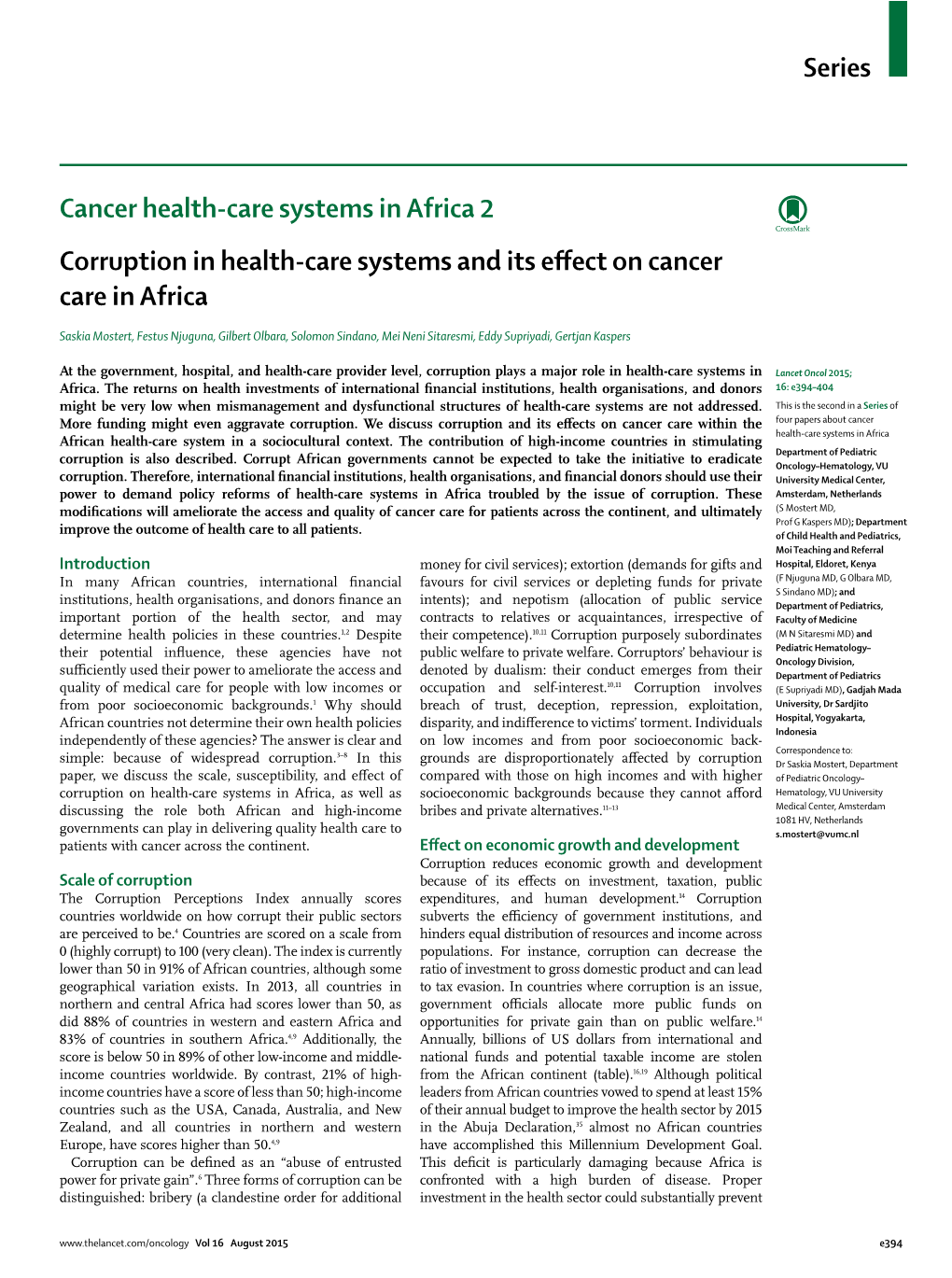 Corruption in Health-Care Systems and Its Effect on Cancer Care in Africa