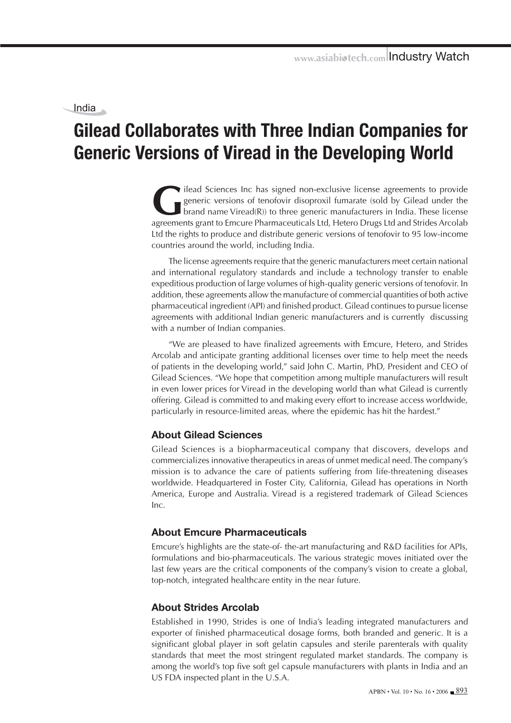Gilead Collaborates with Three Indian Companies for Generic Versions of Viread in the Developing World