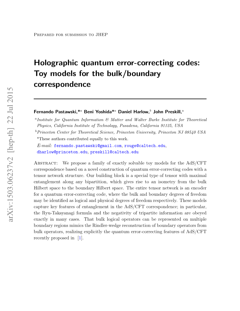 Holographic Quantum Error-Correcting Codes: Toy Models for the Bulk/Boundary Correspondence Arxiv:1503.06237V2 [Hep-Th] 22