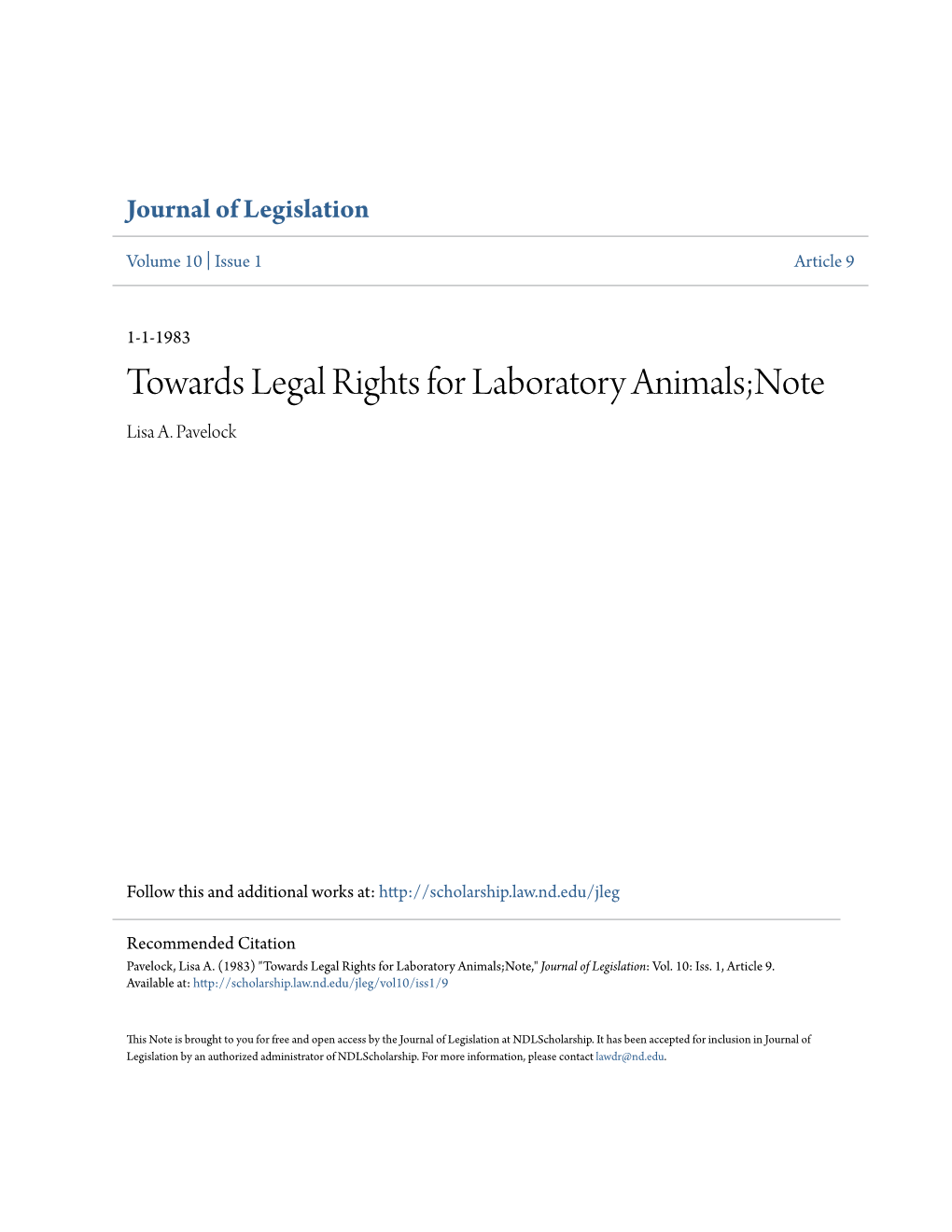 Towards Legal Rights for Laboratory Animals;Note Lisa A