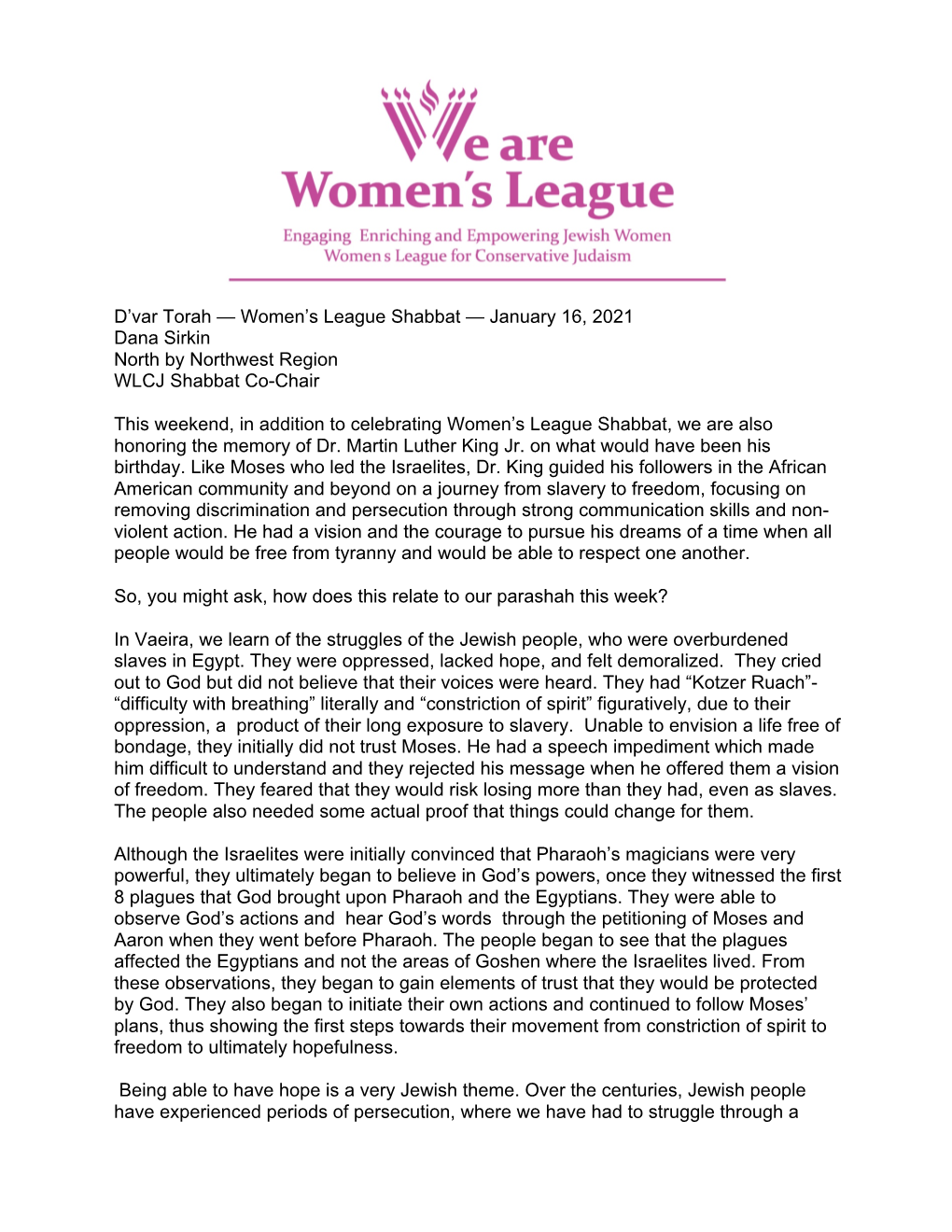 Women's League Shabbat 2021 D'var Torah by Dana Sirkin