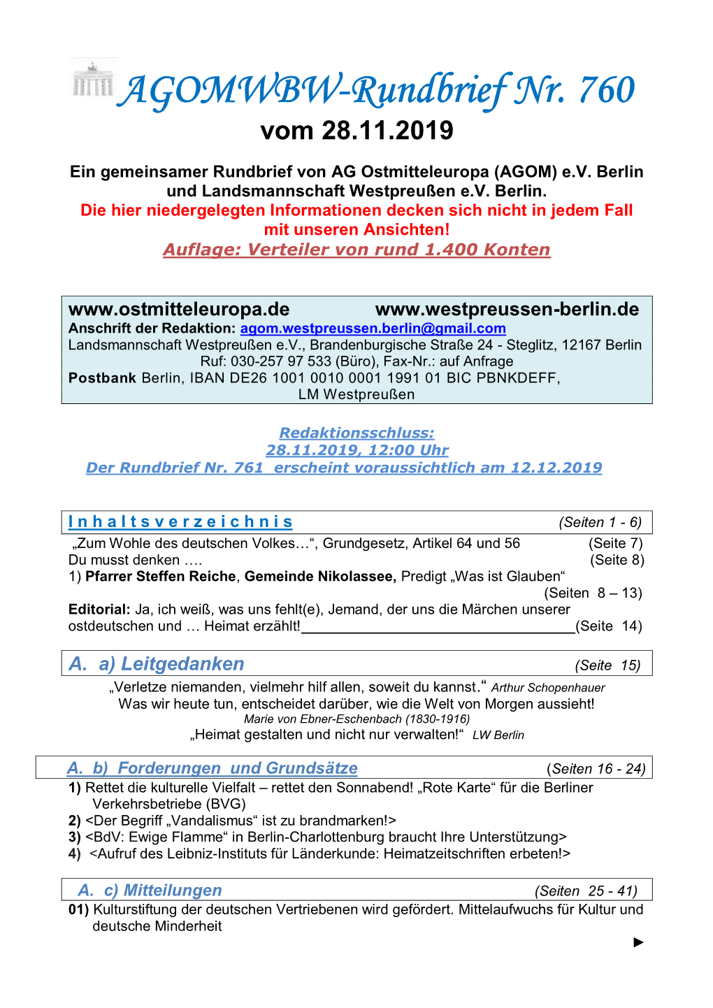 AGOMWBW-Rundbrief Nr. 760 Vom 28.11.2019