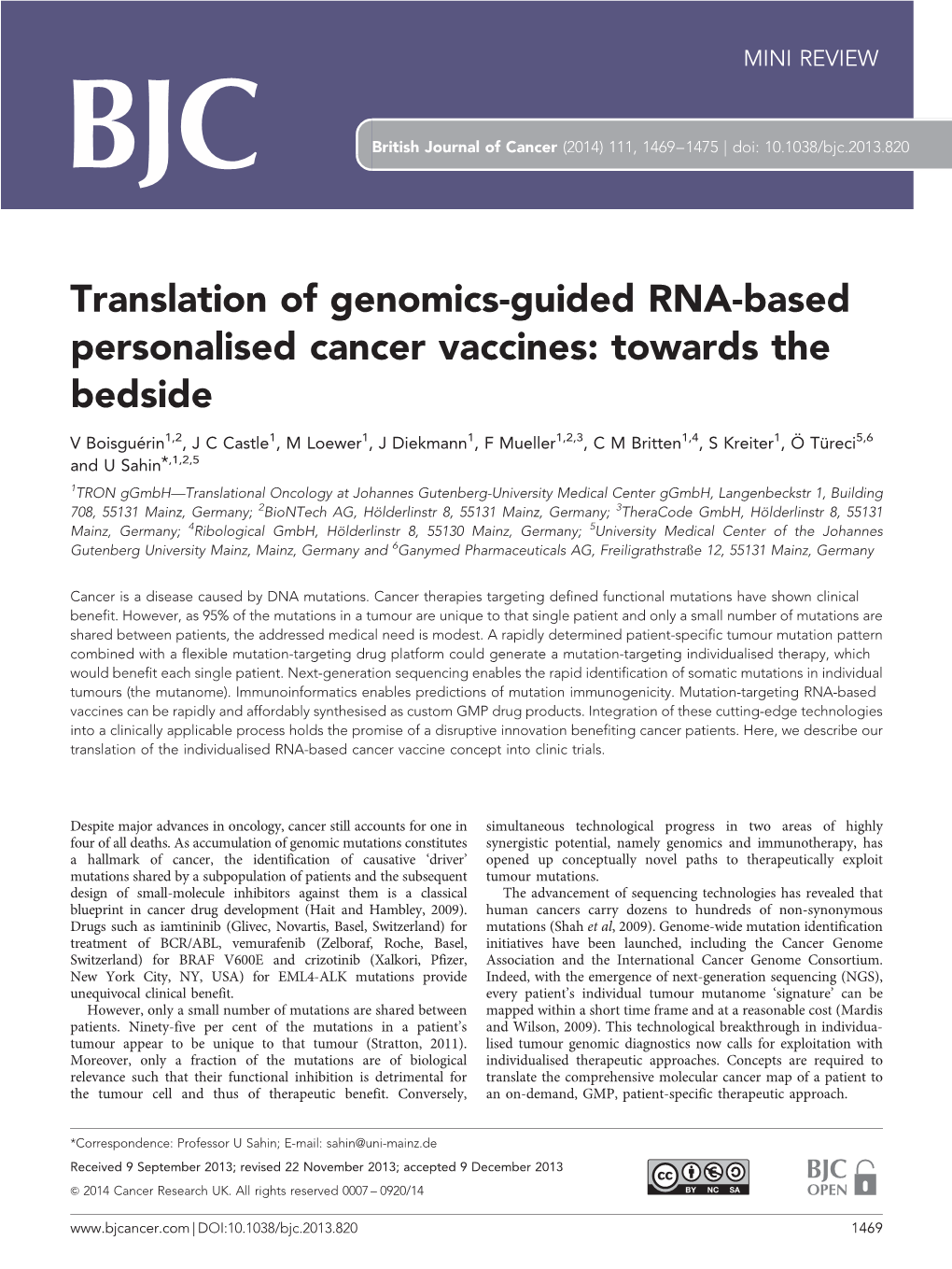 Translation of Genomics-Guided RNA-Based Personalised Cancer Vaccines: Towards the Bedside