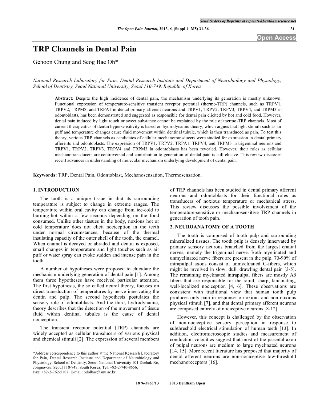 TRP Channels in Dental Pain Gehoon Chung and Seog Bae Oh*
