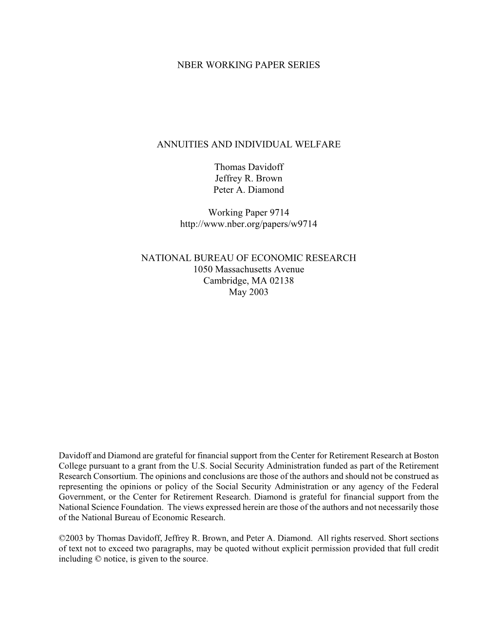 Nber Working Paper Series Annuities and Individual