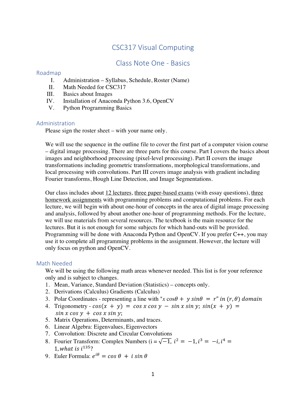CSC317 Visual Computing Class Note One - Basics Roadmap I
