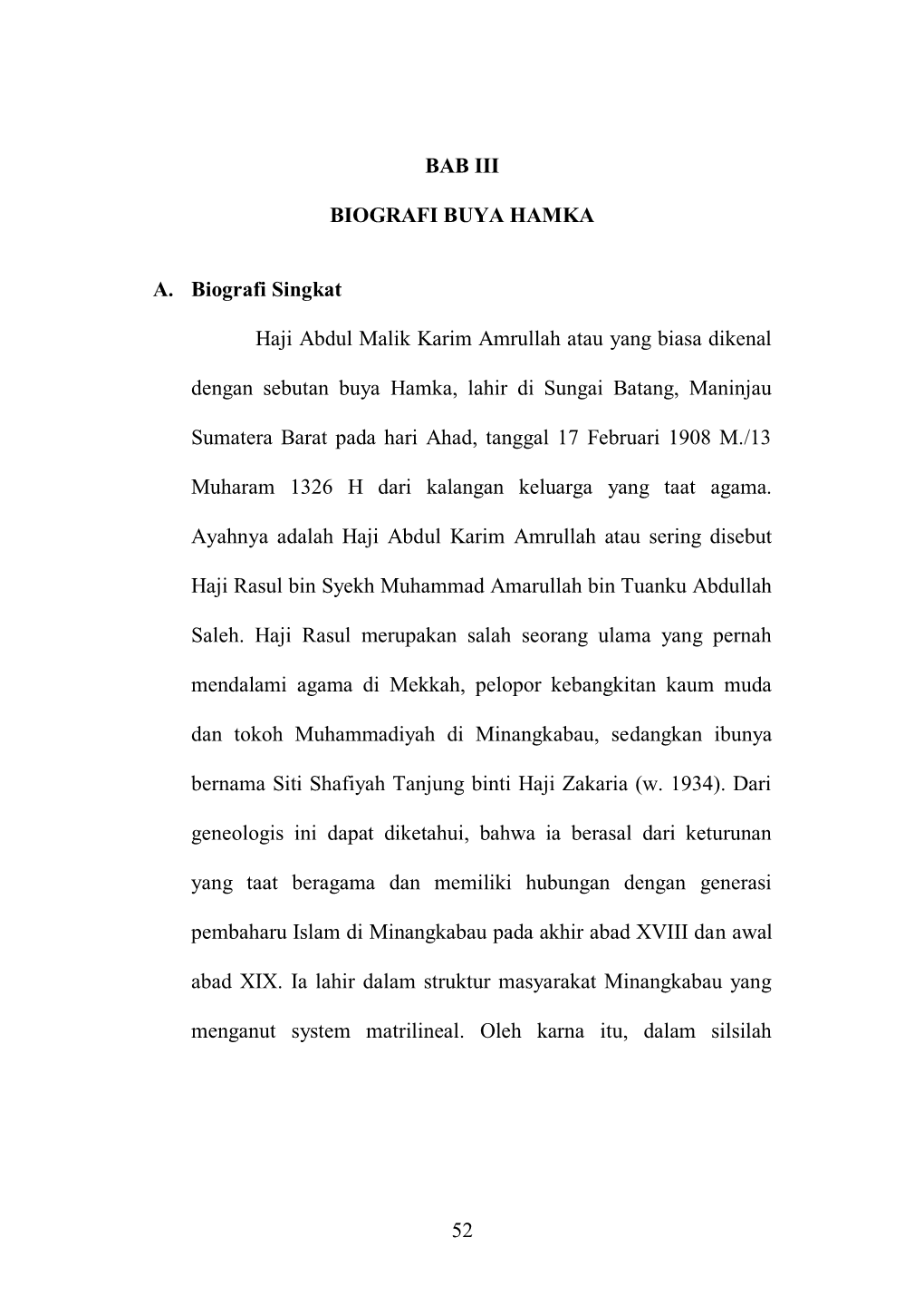 52 BAB III BIOGRAFI BUYA HAMKA A. Biografi Singkat Haji Abdul Malik