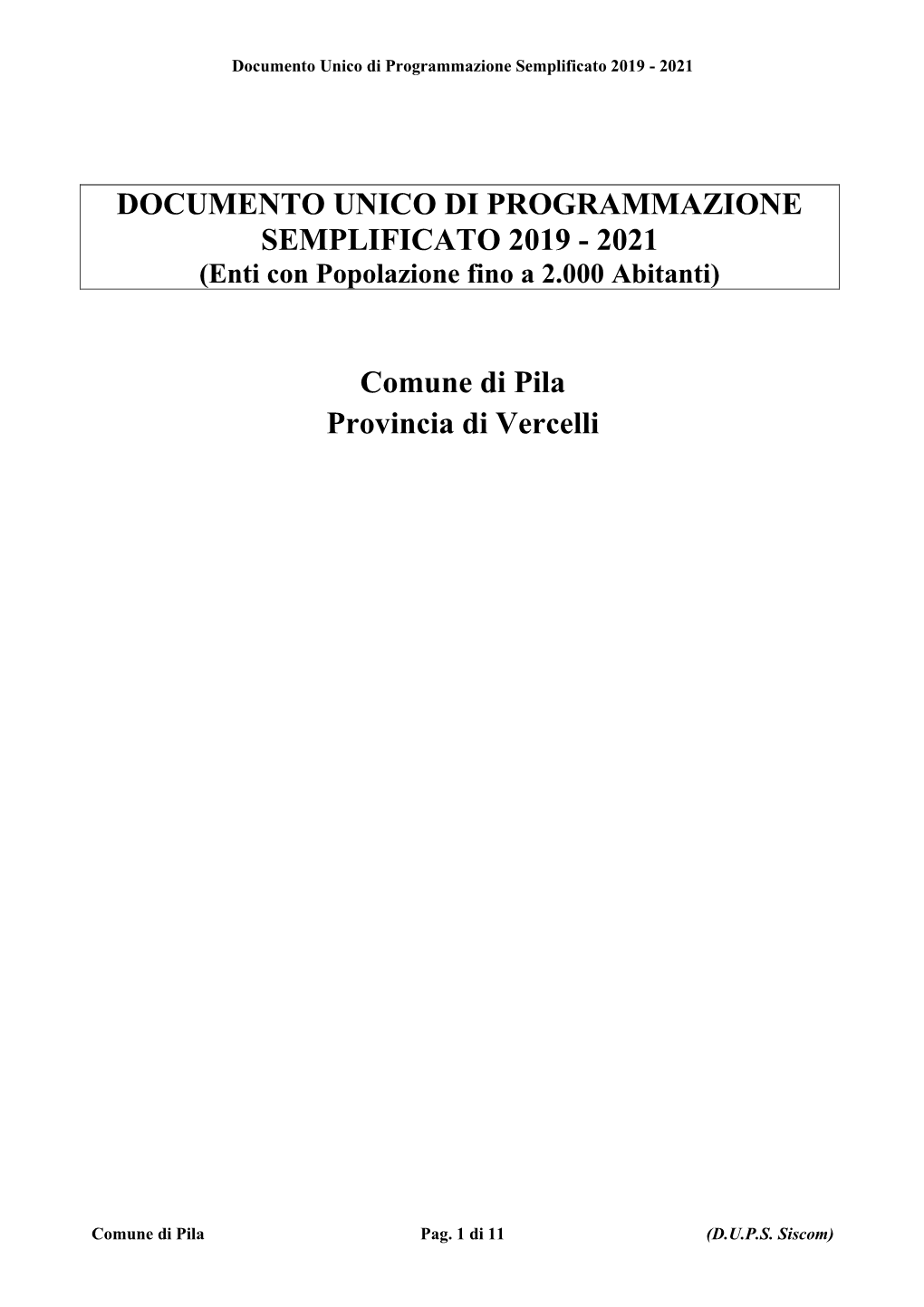 Documento Unico Di Programmazione Semplificato 2019 - 2021