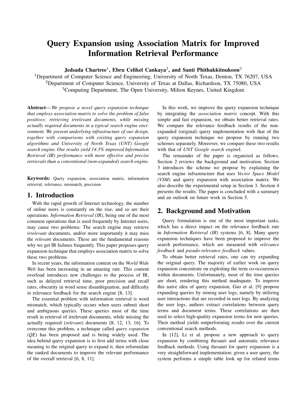 Query Expansion Using Association Matrix for Improved Information Retrieval Performance