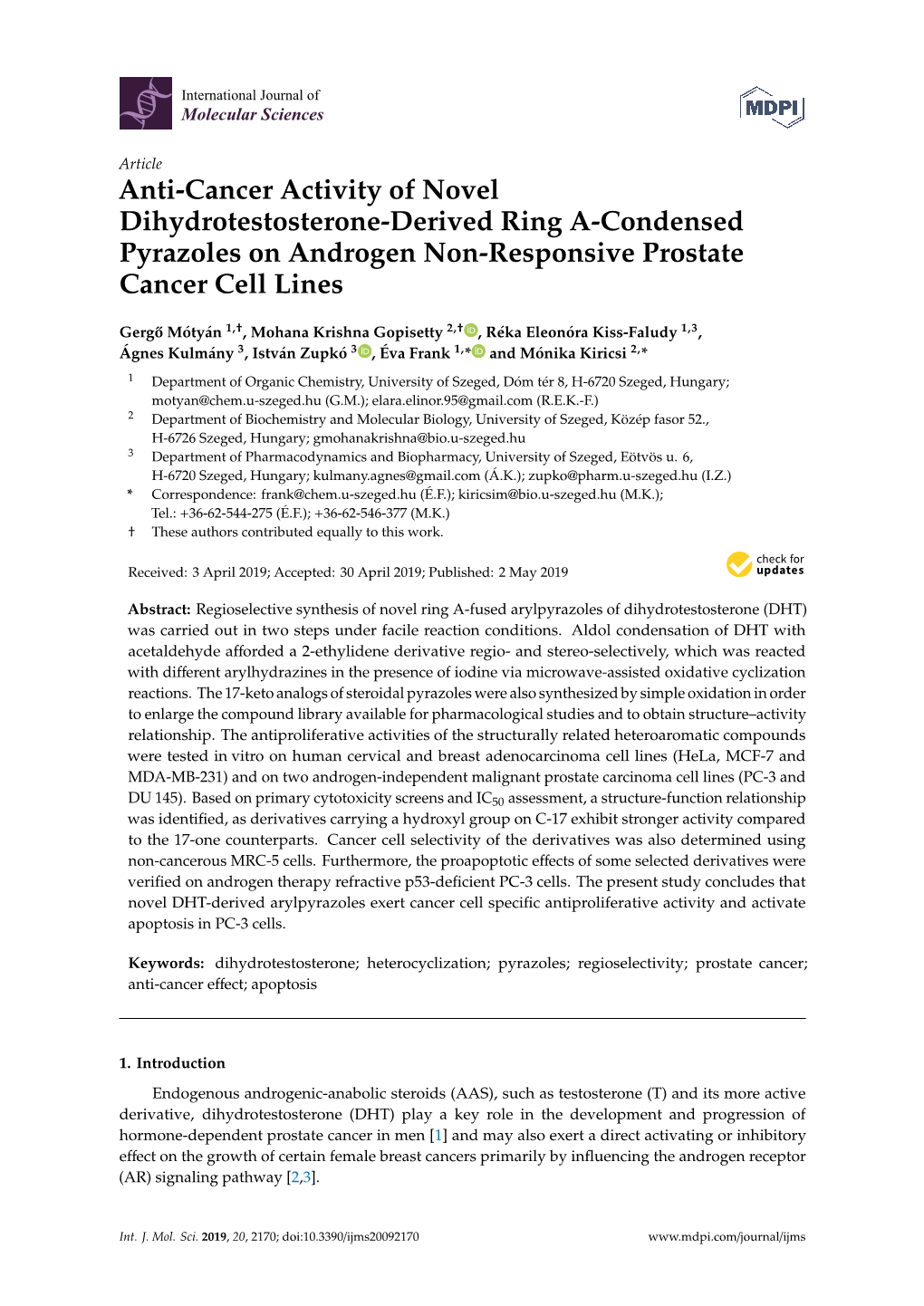 Anti-Cancer Activity of Novel Dihydrotestosterone-Derived Ring A-Condensed Pyrazoles on Androgen Non-Responsive Prostate Cancer Cell Lines