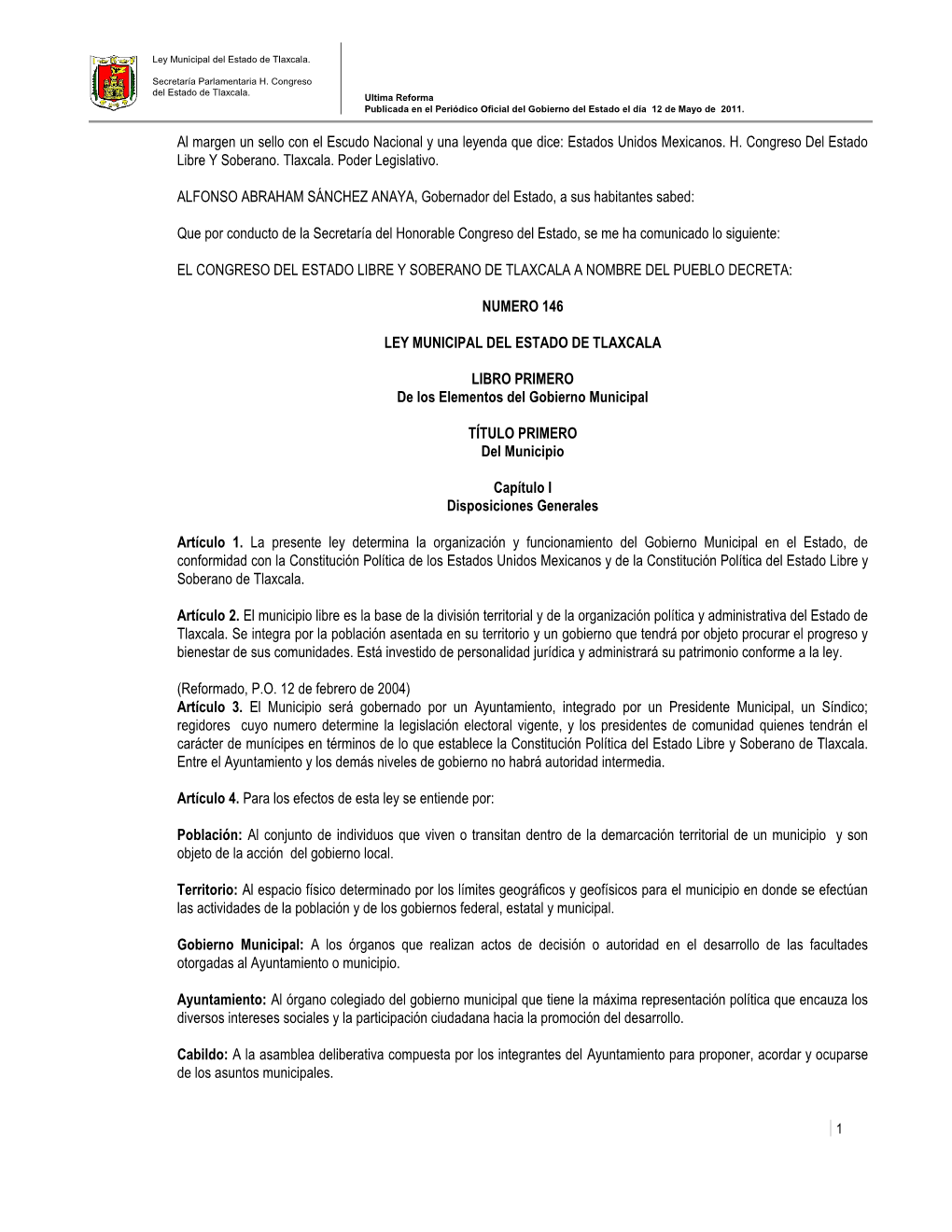 Ley Municipal Del Estado De Tlaxcala