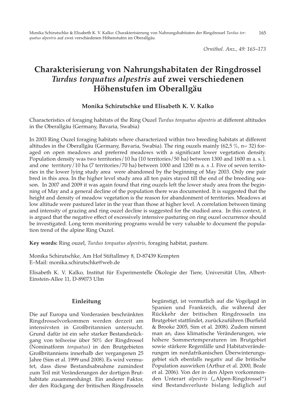 Charakterisierung Von Nahrungshabitaten Der Ringdrossel Turdus Tor- 165 Quatus Alpestris Auf Zwei Verschiedenen Höhenstufen Im Oberallgäu