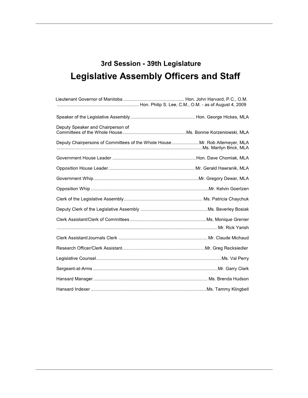 Legislative Assembly Officers and Staff