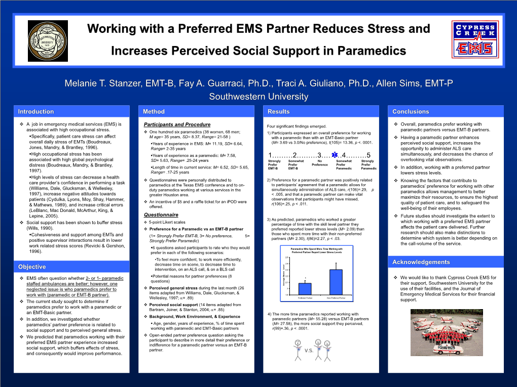 Preference for a Paramedic Vs an EMT-B Partner Preferred Reported Lower Stress Levels (M= 2.09) Than Affects the Patient Care Delivered