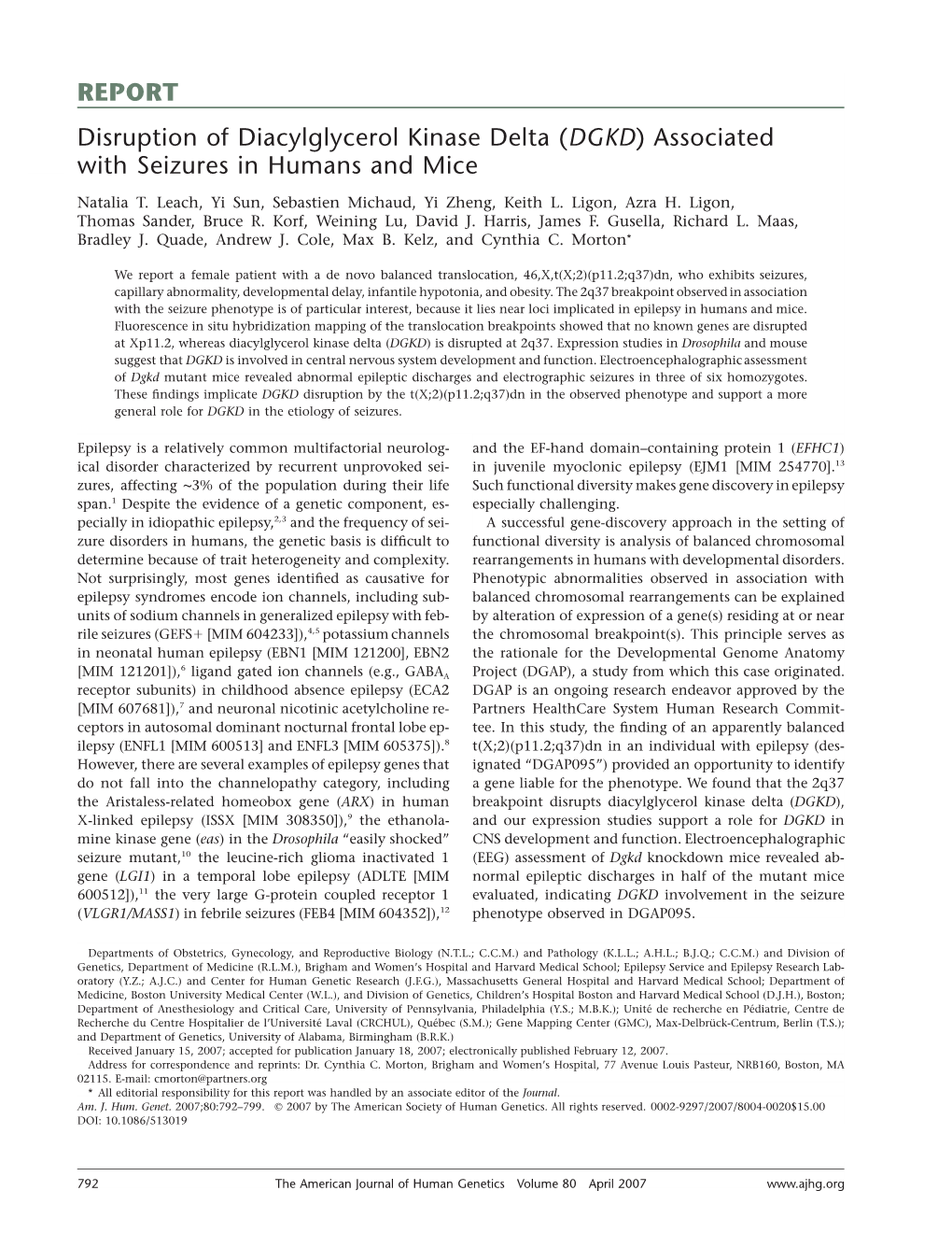 Disruption of Diacylglycerol Kinase Delta (DGKD) Associated with Seizures in Humans and Mice