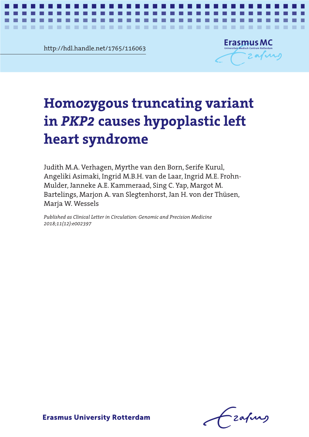 Homozygous Truncating Variant in PKP2 Causes Hypoplastic Left Heart Syndrome 1