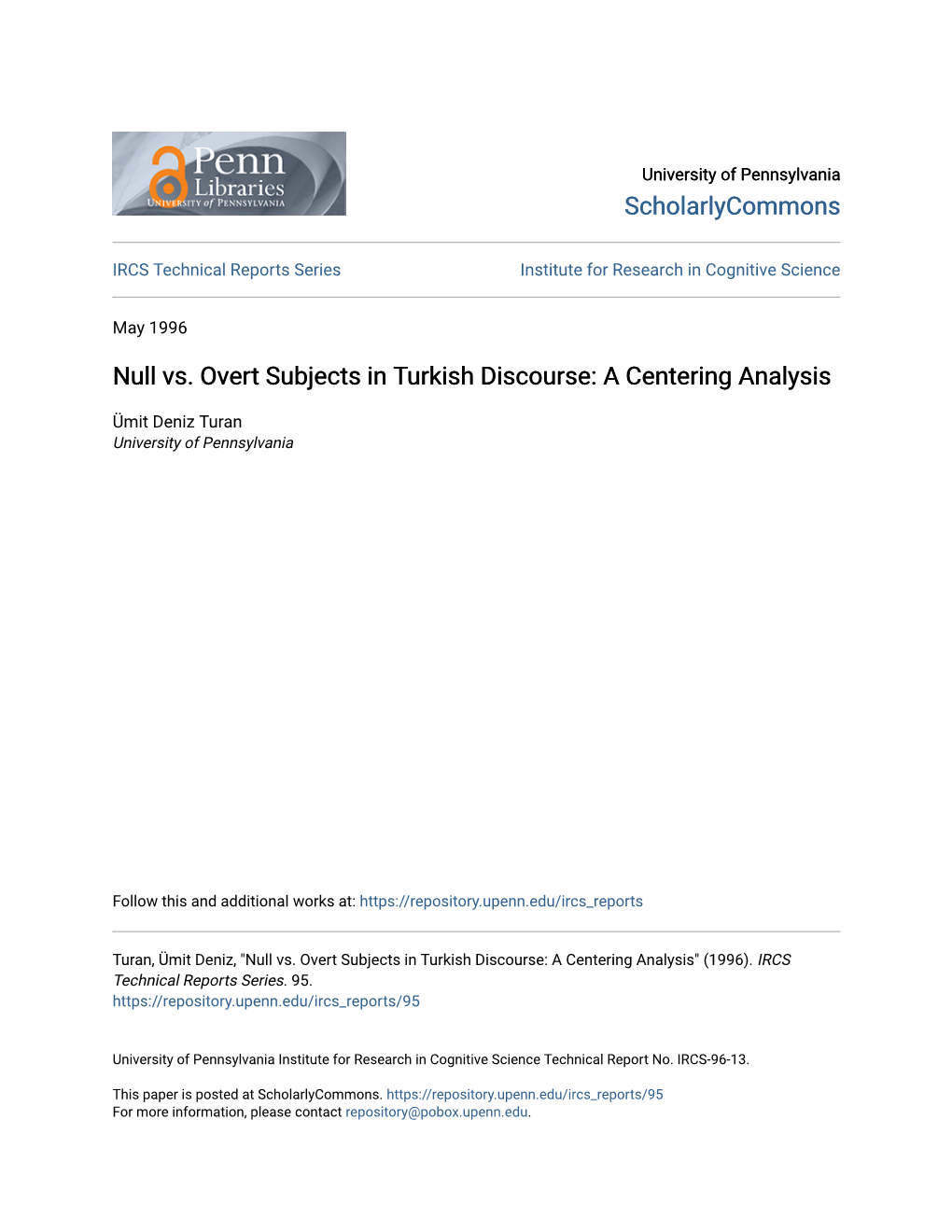 Null Vs. Overt Subjects in Turkish Discourse: a Centering Analysis