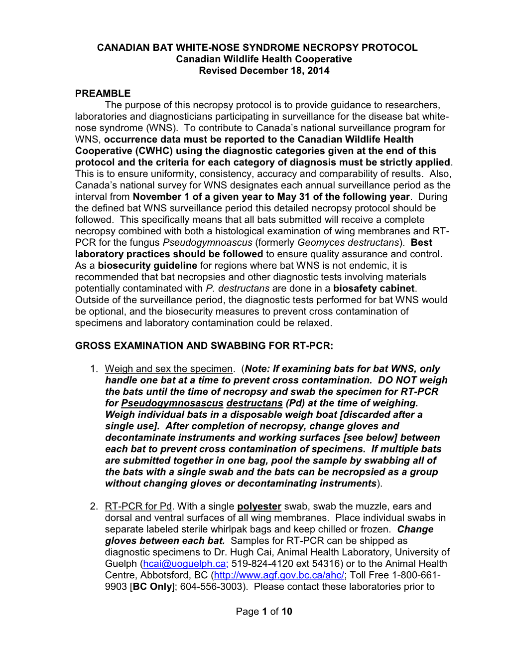 Canadian Bat WNS Necropsy Protocol