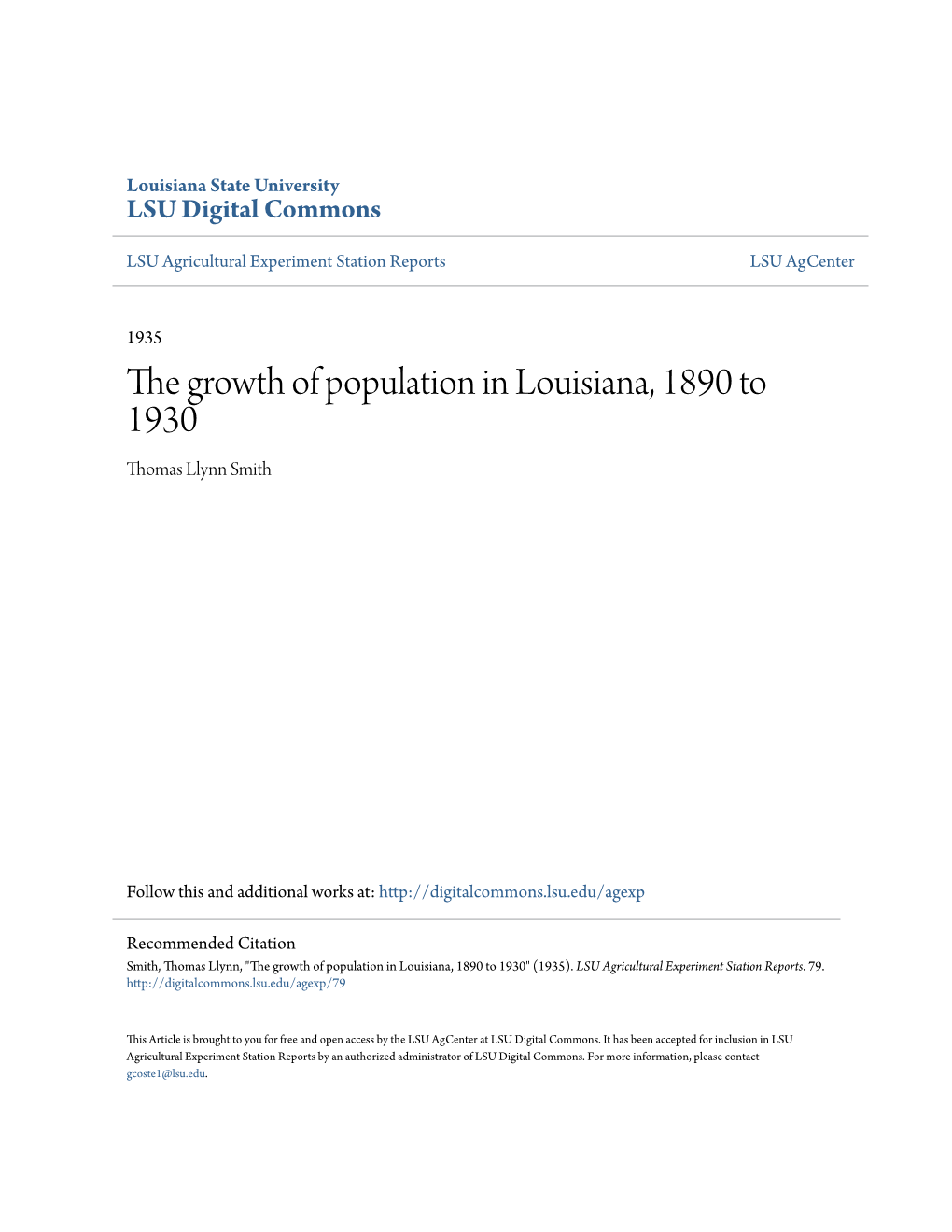 The Growth of Population in Louisiana, 1890 to 1930 Thomas Llynn Smith