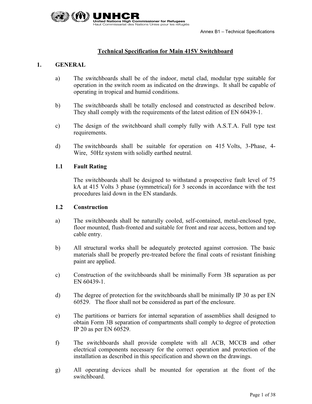 Technical Specification for Main 415V Switchboard