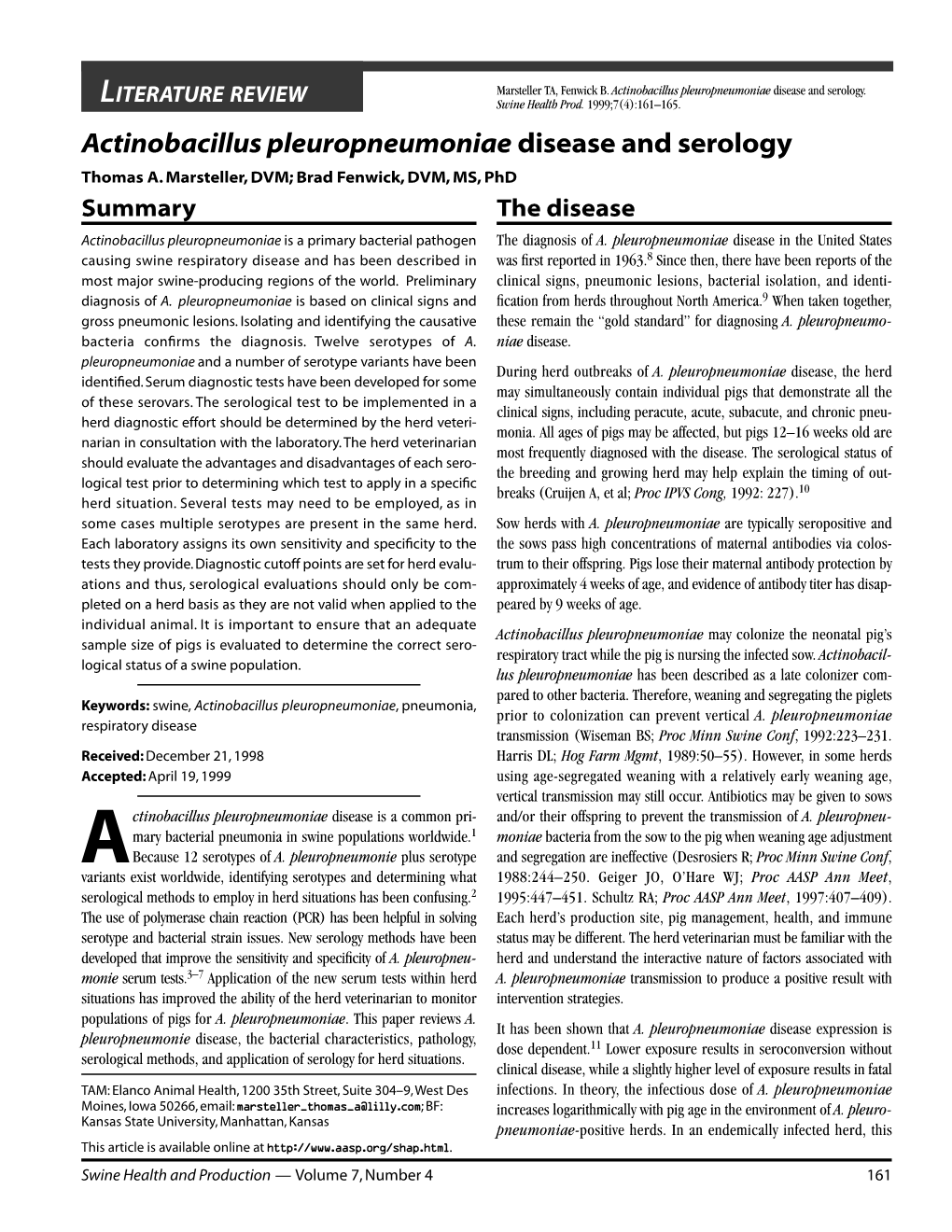 Actinobacillus Pleuropneumoniae Disease and Serology