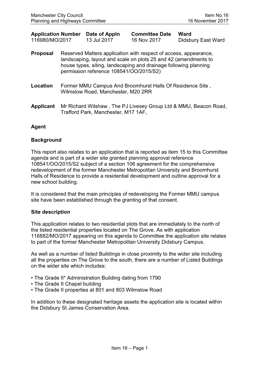 Planning and Highways Committee Item 16. MMU Broomhurst Hall.Rtf