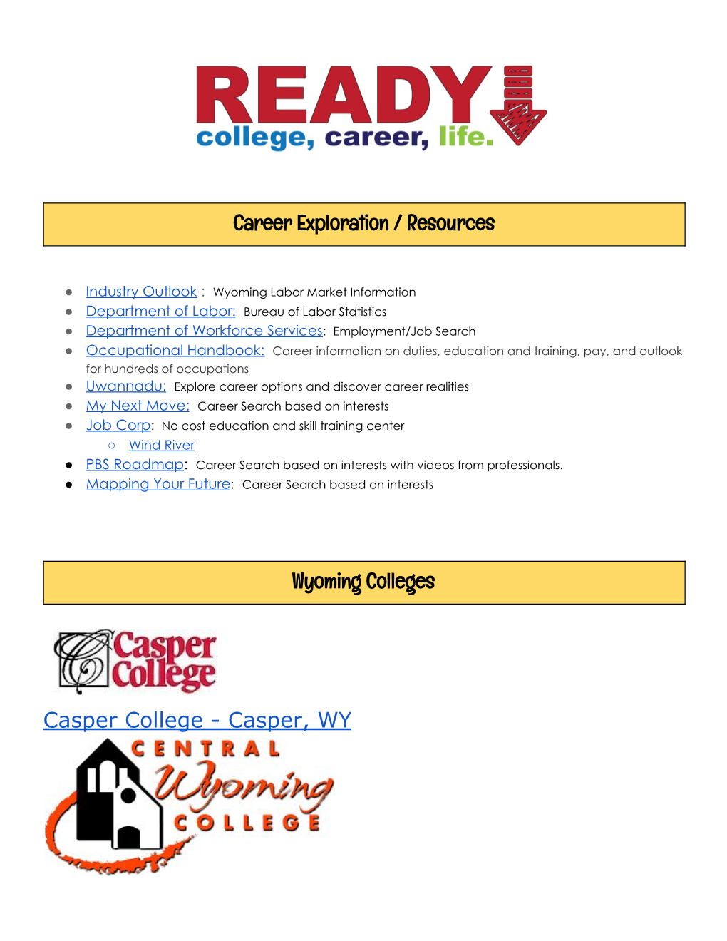 Career Exploration / Resources Wyoming Colleges Casper College