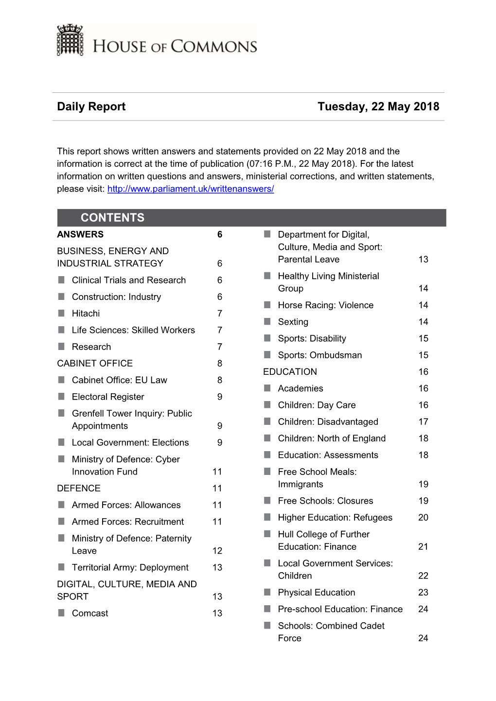 Daily Report Tuesday, 22 May 2018 CONTENTS