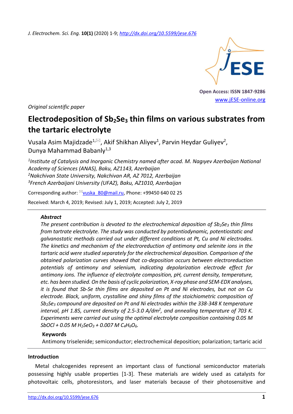 Electrodeposition of the Sb2se3 Thin Films on Various