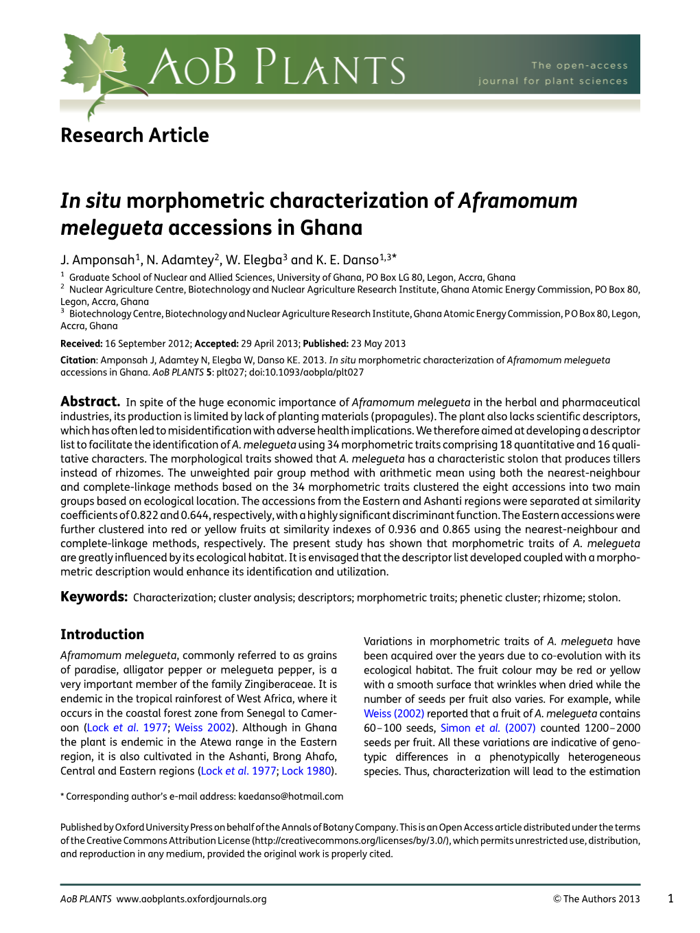 In Situ Morphometric Characterization of Aframomum Melegueta Accessions in Ghana