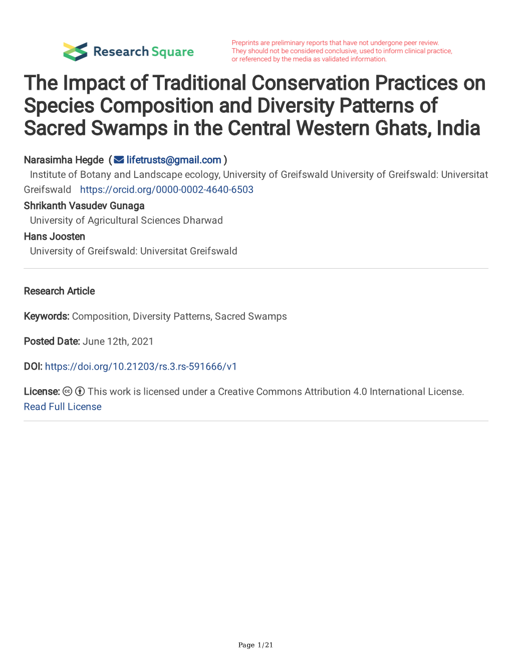 The Impact of Traditional Conservation Practices on Species Composition and Diversity Patterns of Sacred Swamps in the Central Western Ghats, India