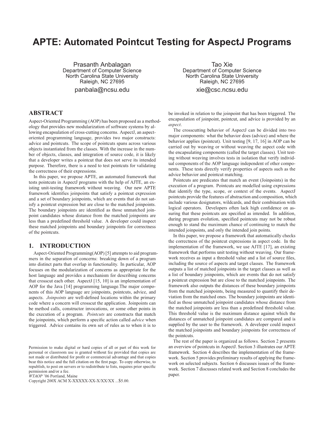 APTE: Automated Pointcut Testing for Aspectj Programs