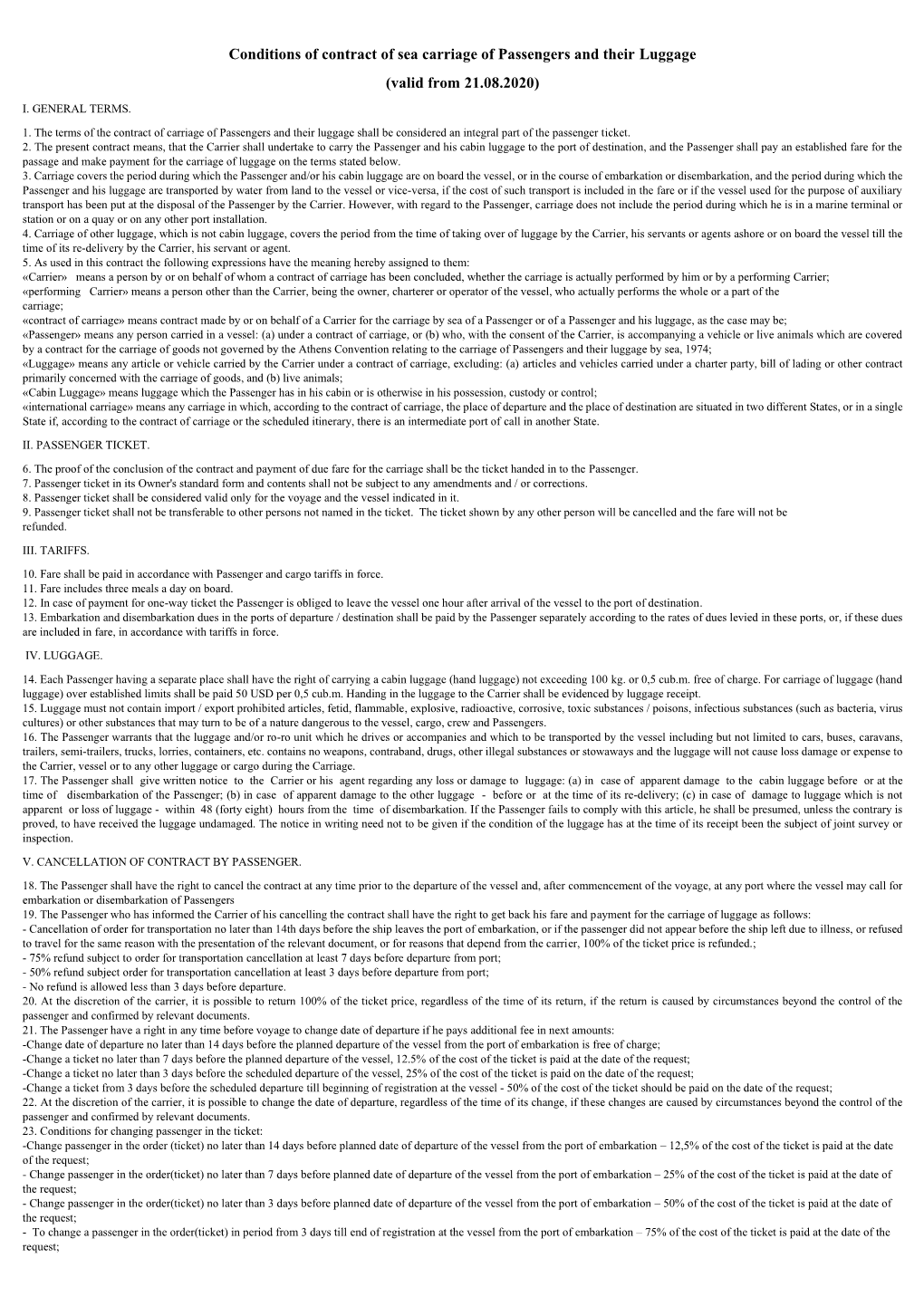 Conditions of Contract of Sea Carriage of Passengers and Their Luggage (Valid from 21.08.2020)