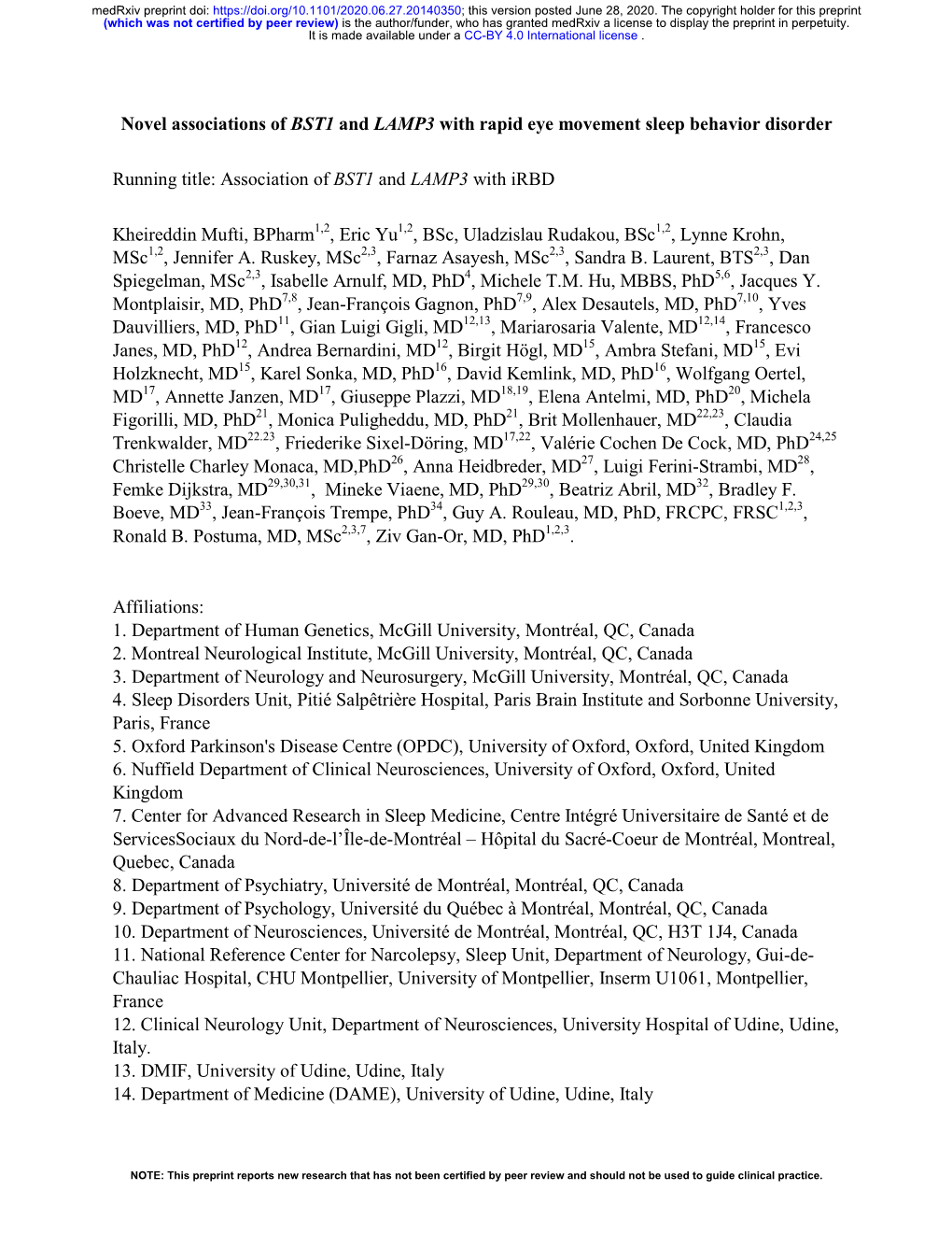 Novel Associations of BST1 and LAMP3 with Rapid Eye Movement Sleep Behavior Disorder