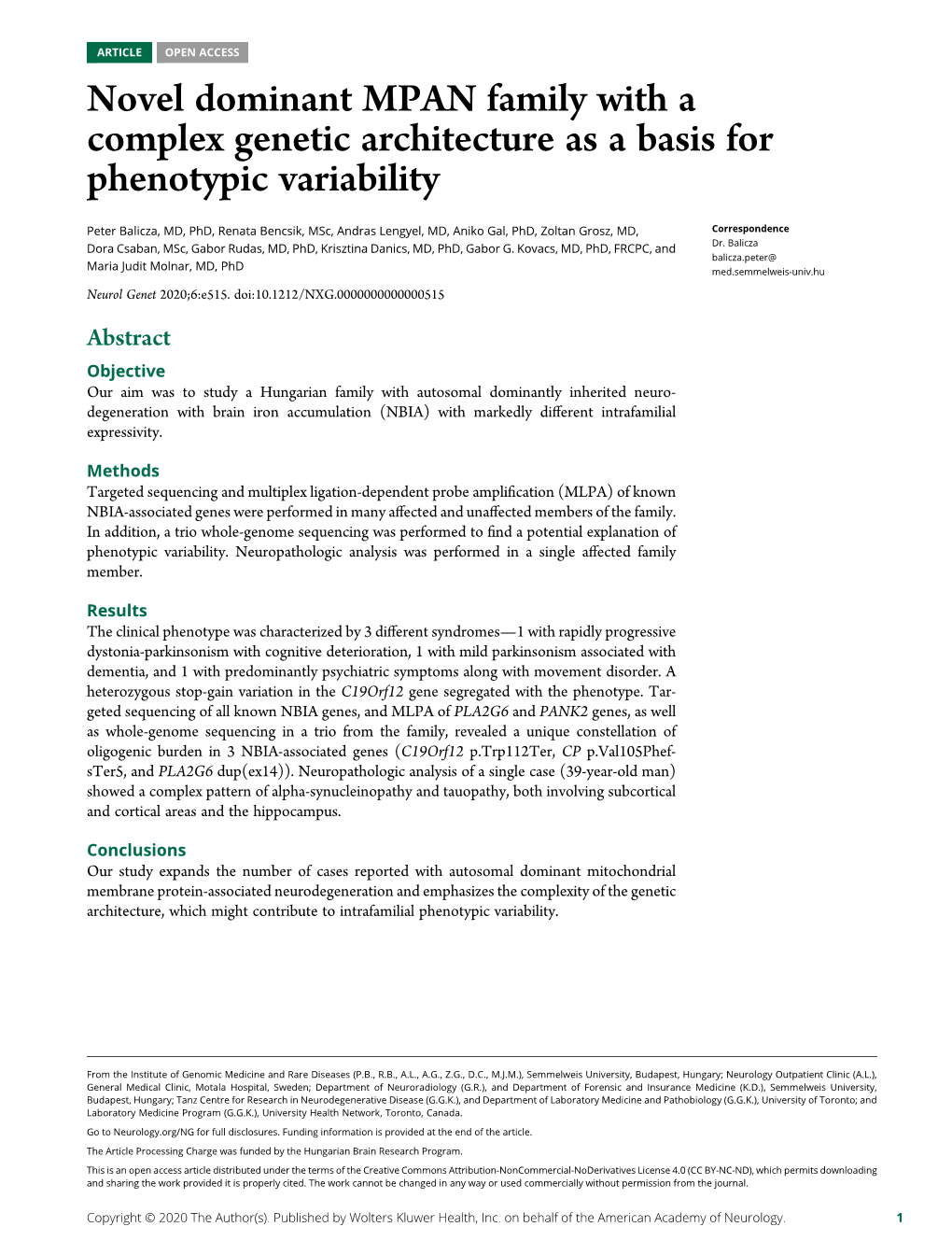 Novel Dominant MPAN Family with a Complex Genetic Architecture As a Basis for Phenotypic Variability