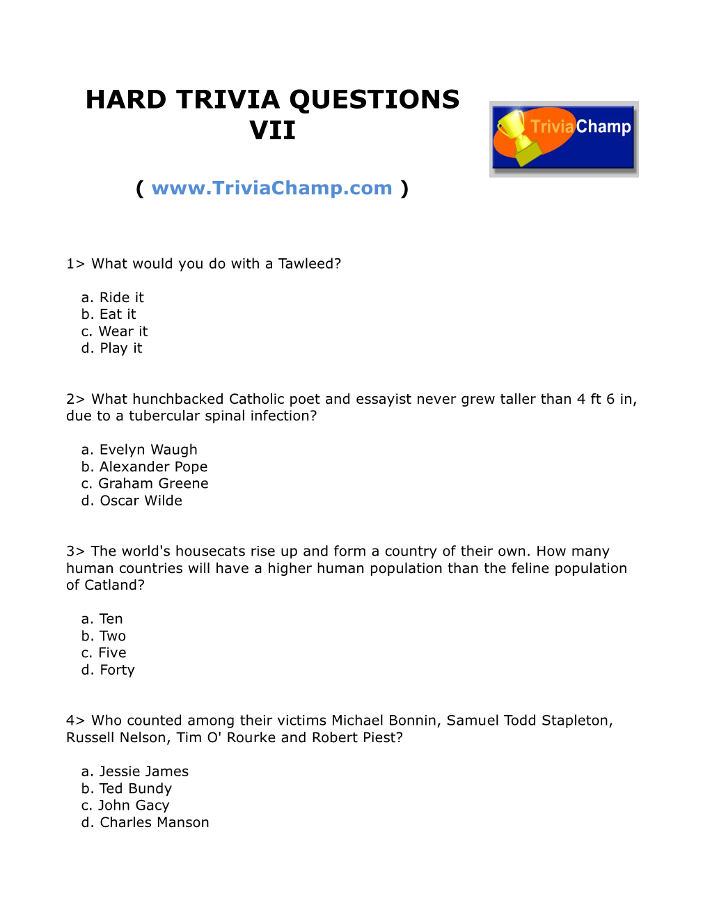 Hard Trivia Questions Vii