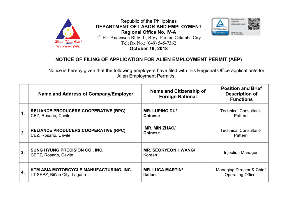 Notice of Filing of Application for Alien Employment Permit (Aep)