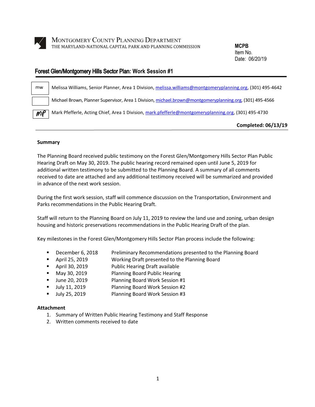 Forest Glen/Montgomery Hills Sector Plan: Work Session #1