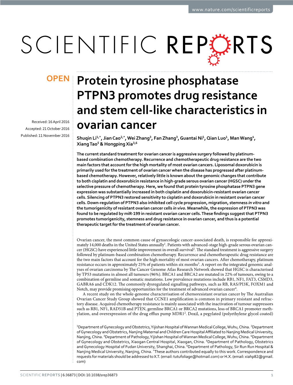 Protein Tyrosine Phosphatase PTPN3 Promotes Drug Resistance and Stem