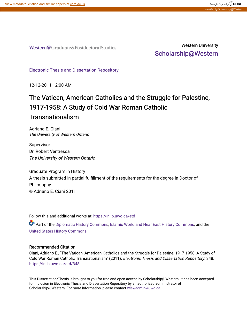 The Vatican, American Catholics and the Struggle for Palestine, 1917-1958: a Study of Cold War Roman Catholic Transnationalism